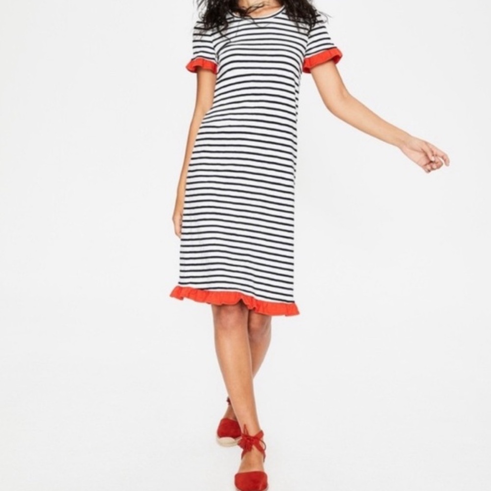 Boden Black & White Striped Midi Dress with Red Ruffle Trim